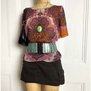 Inc bohochic sheer flowy short sleeve top with paisley purple/orange design